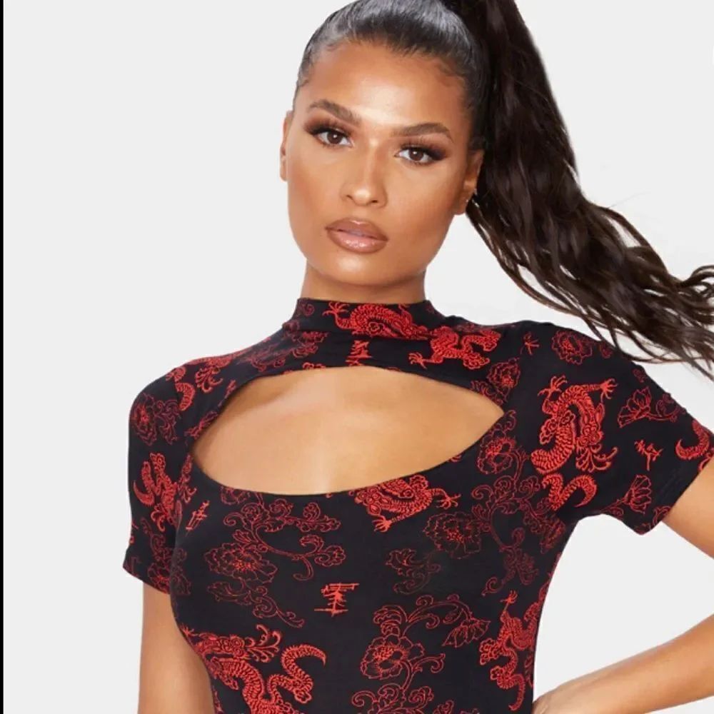 Pretty Little Thing Red +Black Dragon Print Crop Top Size 10